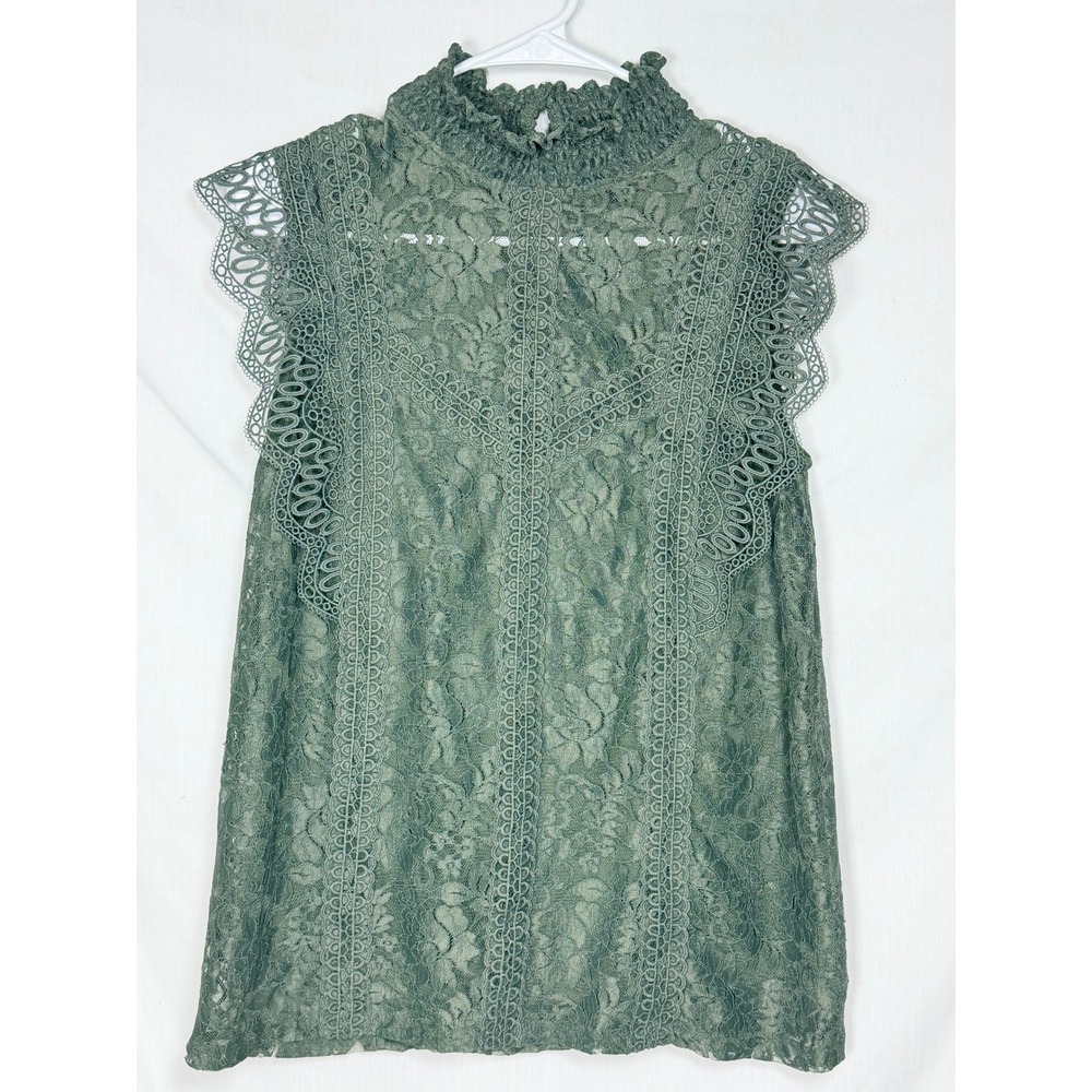 Cable & Gauge Womens Lace Top Medium Green Mock Neck Sleeveless Romantic Gothic